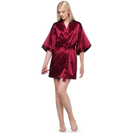 

Turquaz Linen Wine Red Satin Kimono Short Robe