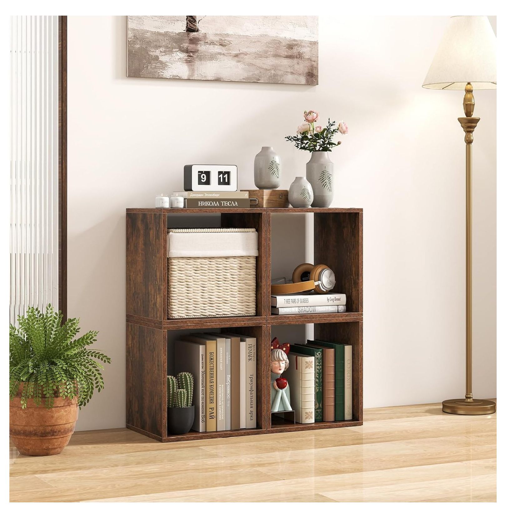 2 Stackable Cubes Bookcase, Wooden Cubby Storage Organizer with Anti-Tipping Device, Small Book Shelf for Small Space, Combination Square Bookshelf Cubes (2, Rustic Brown)