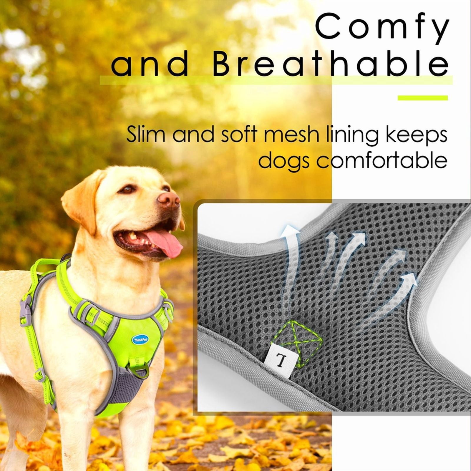ThinkPet No Pull Harness Set Breathable Sport Harness with Handle - Reflective Padded Dog Safety Vest with Reflective Neon Dog Leash
