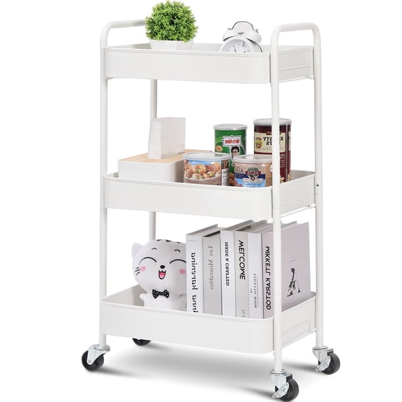 KK KINGRACK 3-Tier Rolling Cart, Metal Utility Cart with Wheels ,Office School Organizer, White