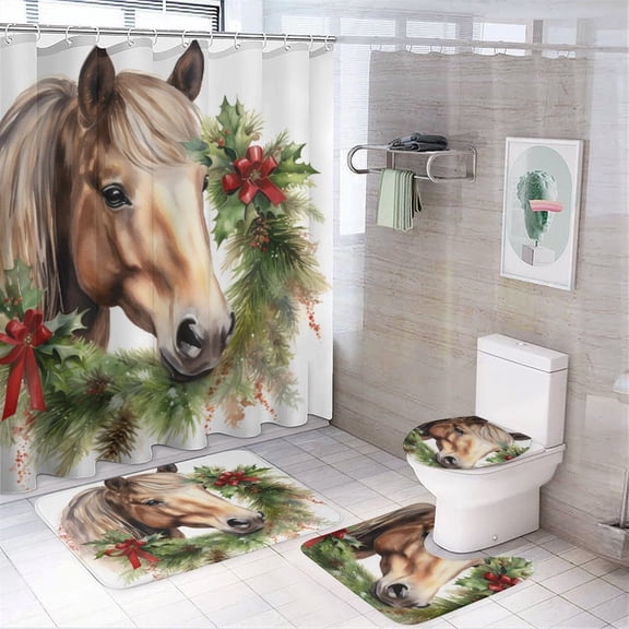 Pet Horse Watercolor Wreath Christmas 4 Pcs Shower Curtain Set Non-Slip Rugs And Toilet Mat Lid Rug Accessories Animal Theme Durable And Waterproof for Bathroom Decor