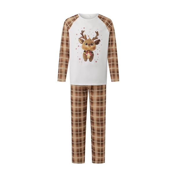Conjunto de pijamas navideños familiares a juego con estampado de cuadros y renos. Pijamas de vacaciones para papá, mamá y niños.