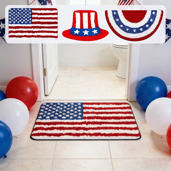 AYktou Patriotic Bathroom Rugs, Independence Day Bath Mat Absorbent Plush Flag Thickened Carpet Non-Slip Star Striped Floor Mats, 4th of July Shower Rugs for Living Room Entrance Kitchen