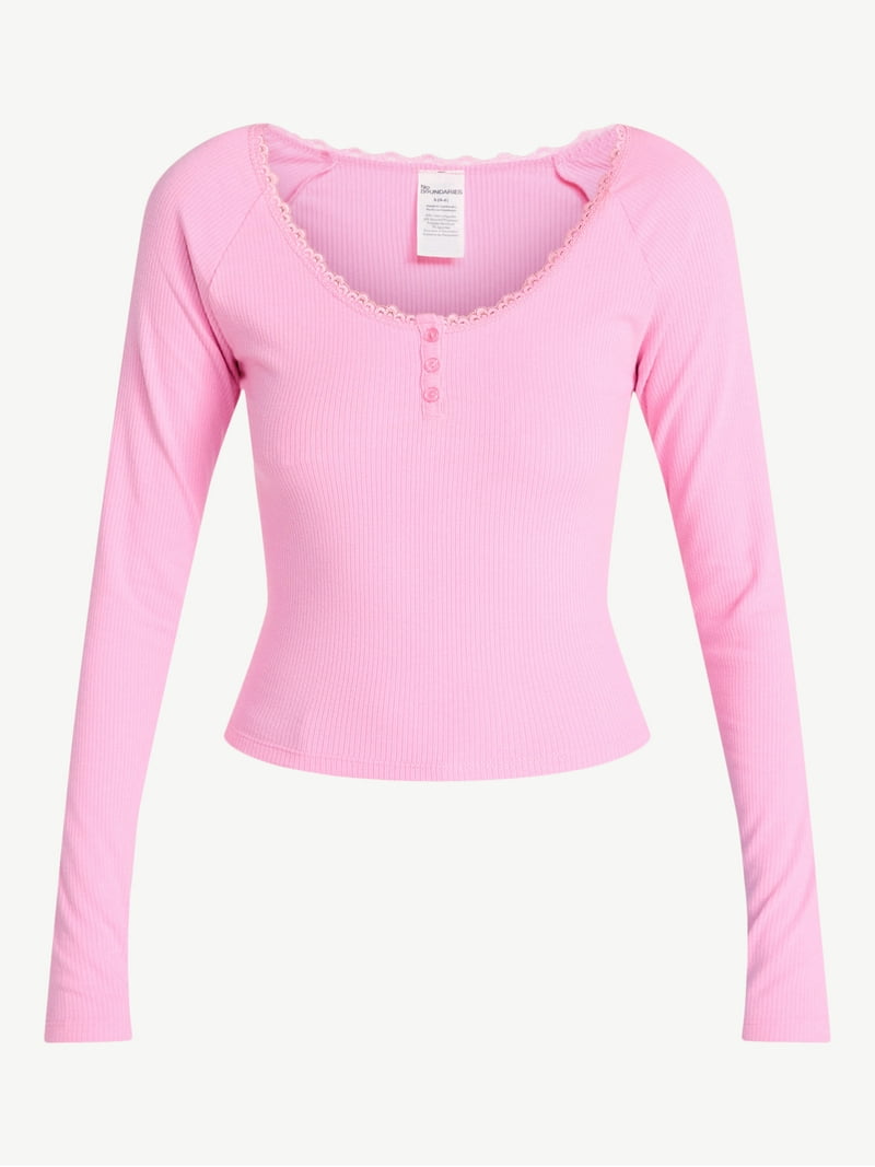 No Boundaries Long Sleeve Henley Top with Lace Trim, Women's XXS