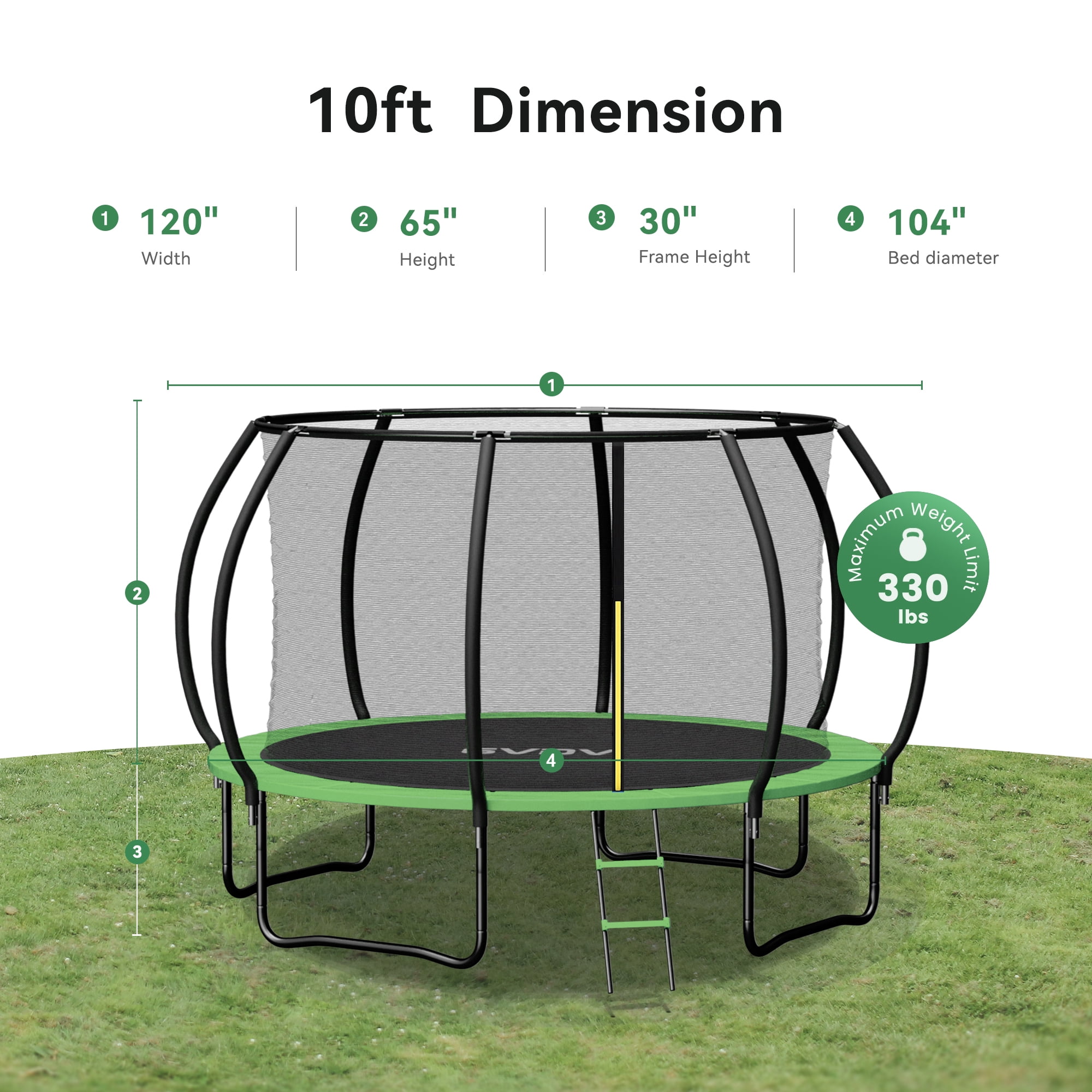 GVDV Outdoor Trampoline, 10' Backyard Recreational Pumpkin Trampoline for Kids with Enclosure