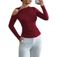 thumbnail image 3 of Camiseta Elegante Asimétrica con Cuello Alto, Hombros Descubiertos y Decoración Metálica para Mujer, Camisas Fruncidas de Larga Vino Tinto M, 3 of 8