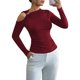 thumbnail image 3 of Camiseta Elegante Asimétrica con Cuello Alto, Hombros Descubiertos y Decoración Metálica para Mujer, Camisas Fruncidas de Larga Vino Tinto M, 3 of 8