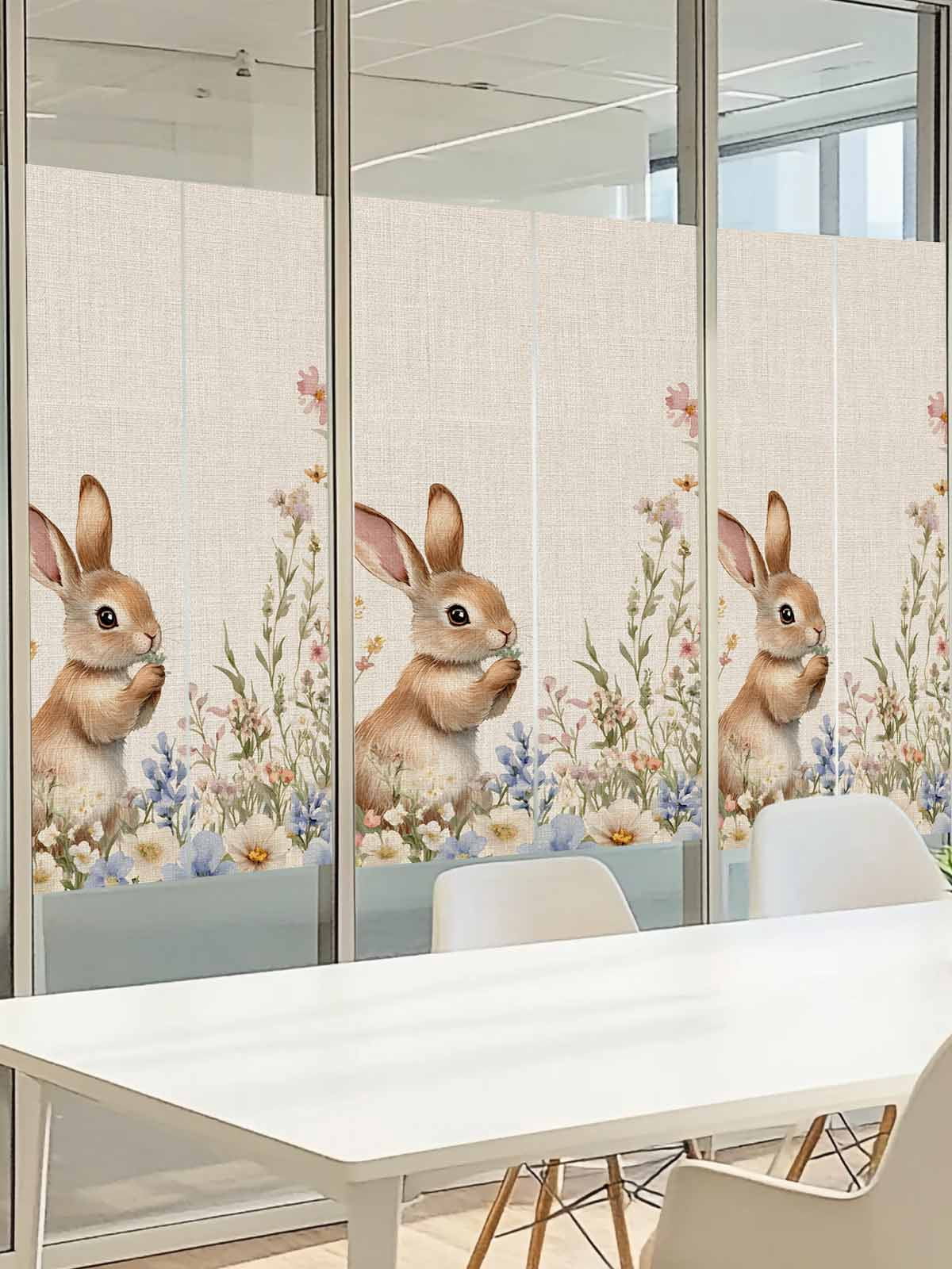 Easter Rabbit Window Privacy Film, Yellow Bunny Spring Colorful Floral Leaf Linen Texture Frosted Glass Window Clings Static Cling Heat Blocking Reusable Door Sticker for Bedroom 35.4x78.7 Inch