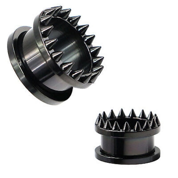 Black Titanium with Spike's Over Surgical Steel Screw-on Plugs/Gauges 2G (6MM) 2 Pieces (1 Pair) (B/62)