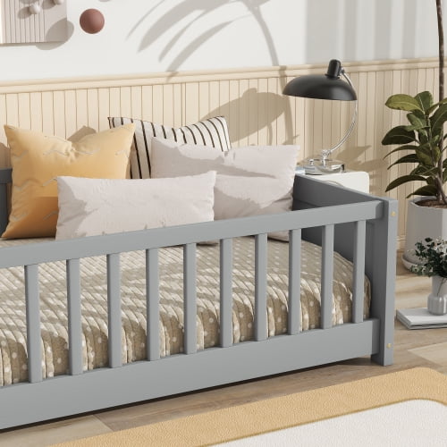 Bellemave Twin Size Floor Bed with Fence, Montessori Floor Twin Bed with Built-in Book Rack, Solid Wood Twin Bed with Slats and Safety Guardrails, Grey