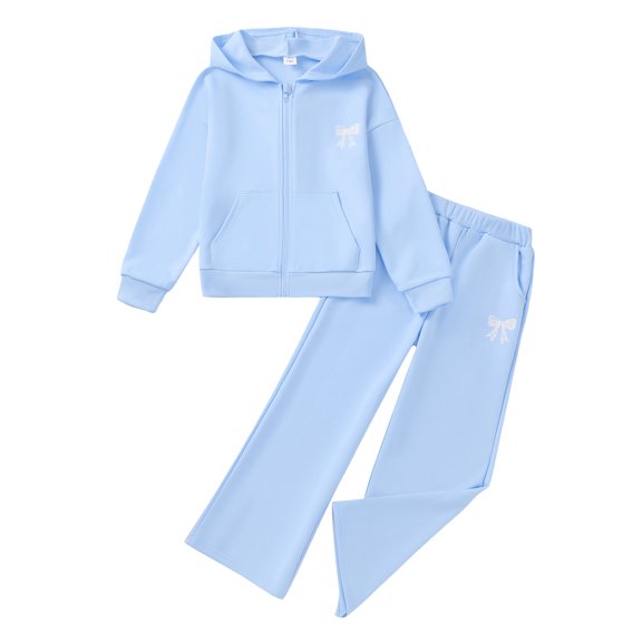 Yaoqi 11 Years Big Girl Outfit Set 12 Years Teen Girls Winter Clothes Long Sleeves Zipper Hoodie Top Butterfly Wide Leg Pants 2pcs Warm Clothing Blue