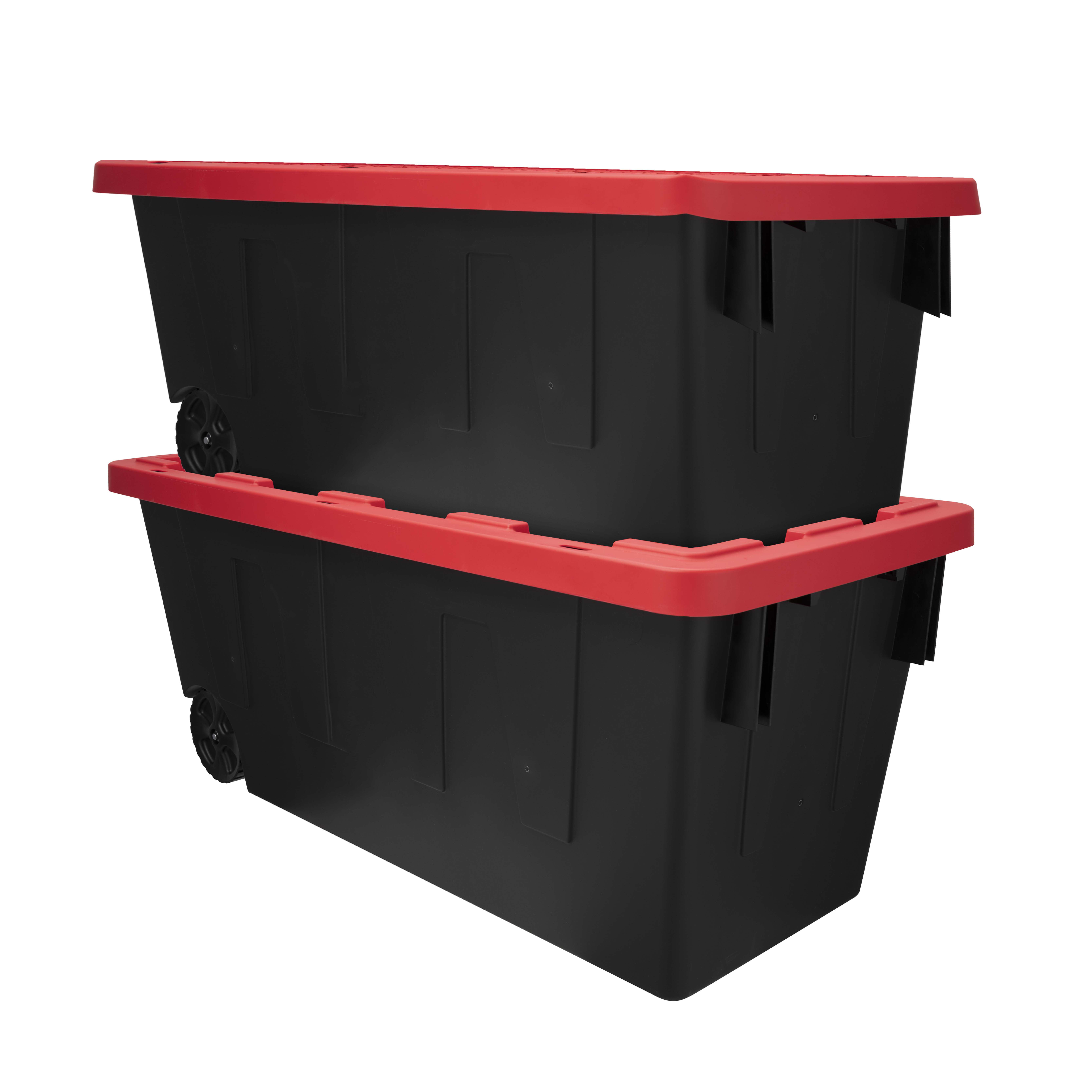 Sterilite 14699002 40 Gallon/151 Liter Wheeled Industrial Tote, Black Lid &  Base w/ Racer Red Handle & Latches, 2-Pack