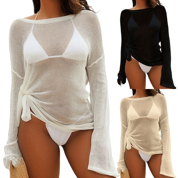 Maqroz Womens Sheer Cover Up Top Long Sleeve Beach Swimsuit Coverups Round Neck Loose Tie Side Knit Tunic Tops Sun Protection Summer Outfits