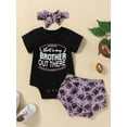 thumbnail image 2 of FEORJGP Toddler Baby Girl Summer Clothes Suits 6M 12M 18M 24M Infant Short Sleeve Jumpsuit Letter Print Bodysuit Crew Neck Romper Rugby Print Shorts Headband 3Pcs Set Newborn Casual Cute Cool Outfit, 2 of 9