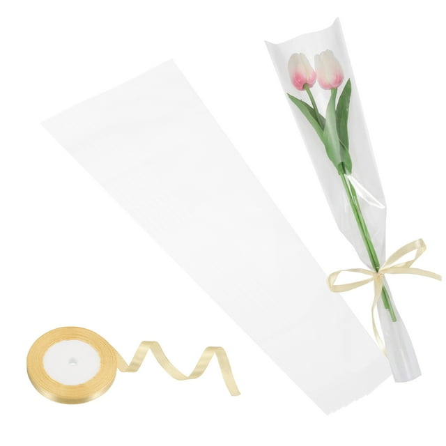 50 Pcs Manga para Flores de Rosa Individuales a Granel 17.7x4.7x1.6 Pulgadas Bolsas de Papel Floral con Cintas para el Día de la Madre, Bodas, Cumpleaños, Regalos de Graduación (Blanco/Dorado Claro)
