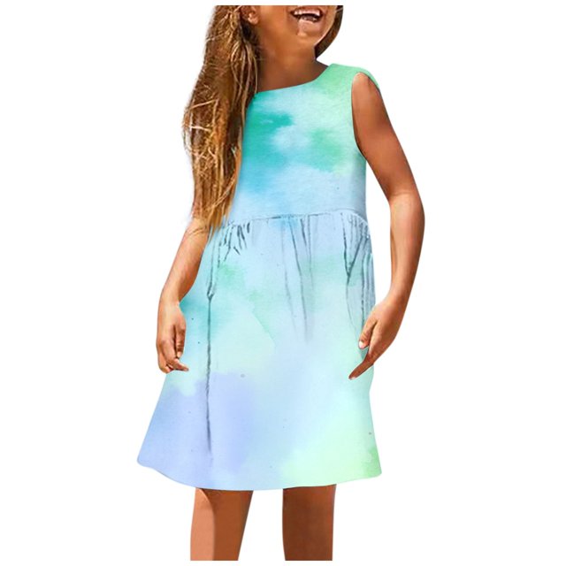 Robe d'Été Sans Manches pour Filles, Robe Débardeur Extensible, Col Rond Confortable avec Imprimé Dégradé pour Activités Extérieures à la Plage pour Enfants, Taille 11-12T