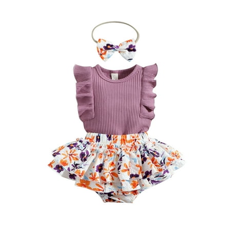 

OVTICZA Infant Baby Toddler Girls 3 Piece Outfit Ruffle Sleeveless Clothing Set Bodysuit and Floral Shorts Set Summer with Headband Purple 90
