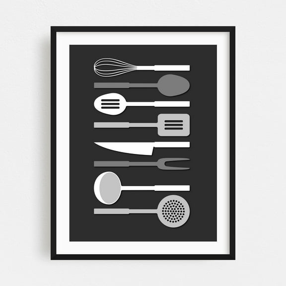 Monochrome Row Kitchen Utensils - Digital Art Kitchen Decor Minimalist Modern Art Geometric Line Art Black and White Abstract Black Framed Wall Art Print 5 x 7 inches