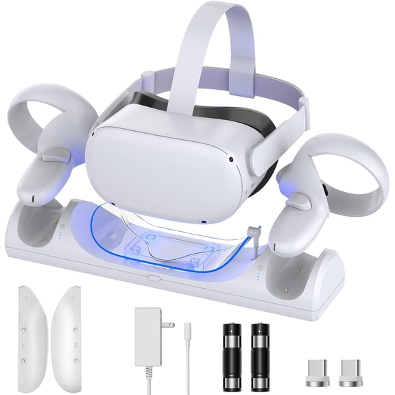VR Charging Dock for Met-a Quest 2, TanReginal Magnetic Charging Station for 0culus Quest 2 VR Headset and Controllers, with 2 Rechargeable 1800mAh Batteries, USB-C Charger and LED Indicators