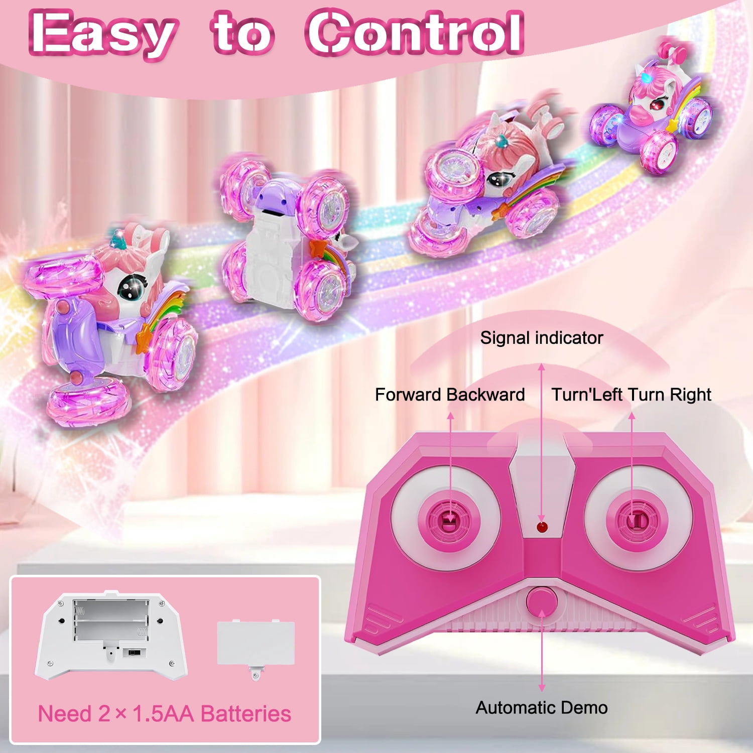 Sunforu Pink Unicorn RC Car for Girl, 360° Stunt Rotation 4WD Remote Control Cars with Lights and Music, Birthday Gift for 3 4 5 6 Years Old Girl