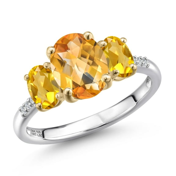 Gem Stone King 925 Silver and 10K Yellow Gold Yellow Citrine and Lab Grown Diamond Engagement Ring for Women | 2.61 Cttw | Oval Checkerboard 9X7MM | November Birthstone | Size 5