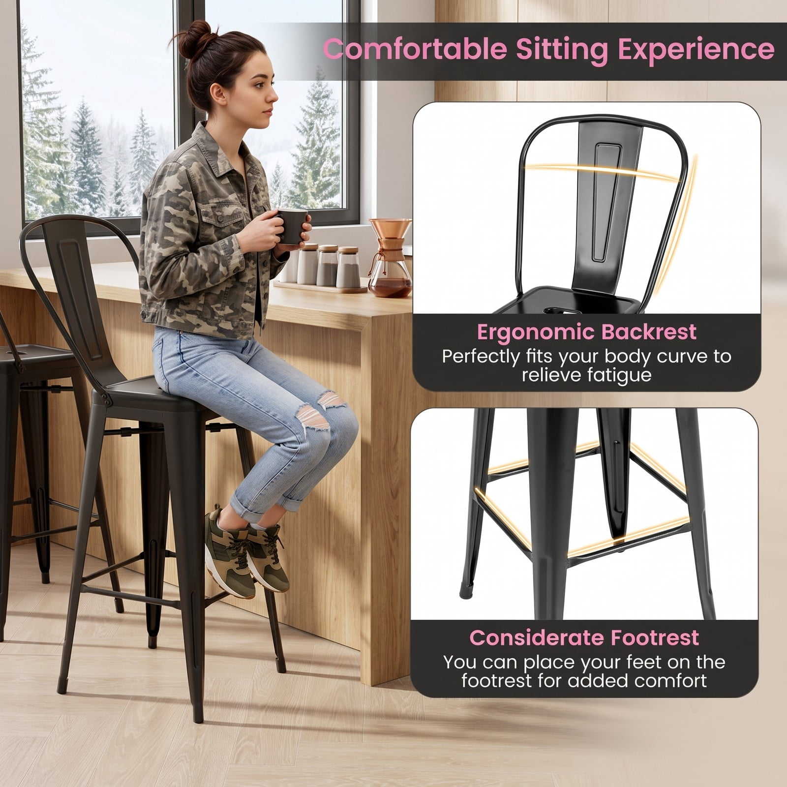 Furnibear Set of 4 Bar Height Stools, Stackable Metal Bar Stools with Removable Backrest, 30 Inch Counter Kitchen Pub Dining Chairs, 330 lbs Capacity, Black
