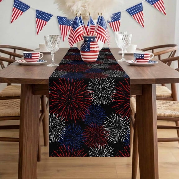 Independence Day Firework Table Runner, Black Night Red Blue White Fireworks Sky Cotton Linen Kitchen Table Decoration Washable Dining Tabletop Runners for Home Party Decor 14x72 Inches