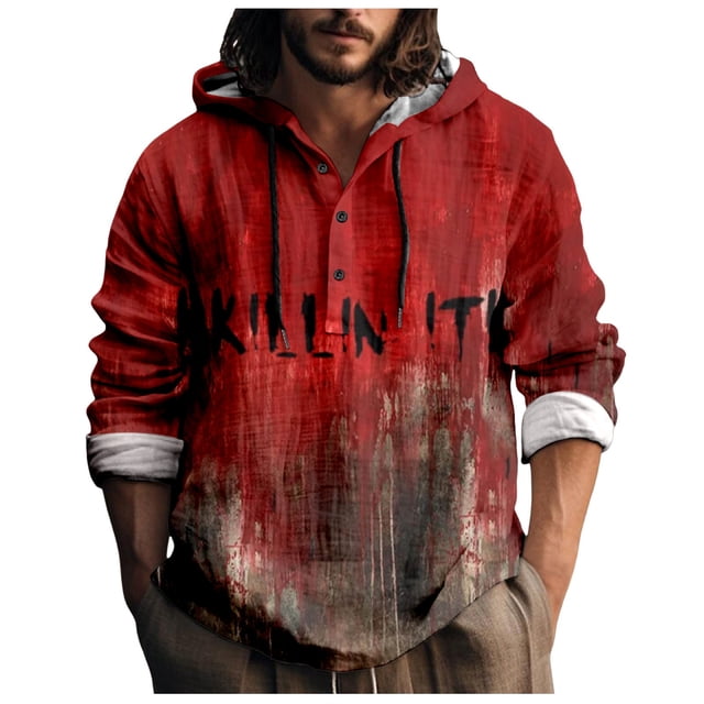 VBARHMQRT Nursing Shirts Male Printed Theme Casual Round Neck Button Bloodstain Pattern Plus Size Shirt Print Solid Color Hoodie Sweatshirt Wine