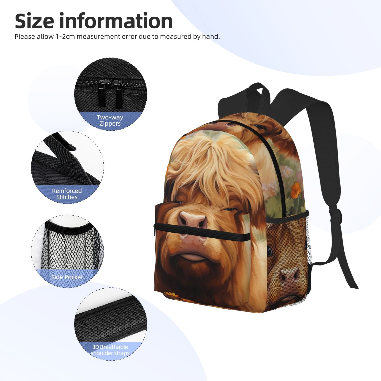 Horeoi Cute Floral Cow Print Casual Backpack for School Work Travel Hiking with Laptop Compartment and Side Pockets Lightweight Design