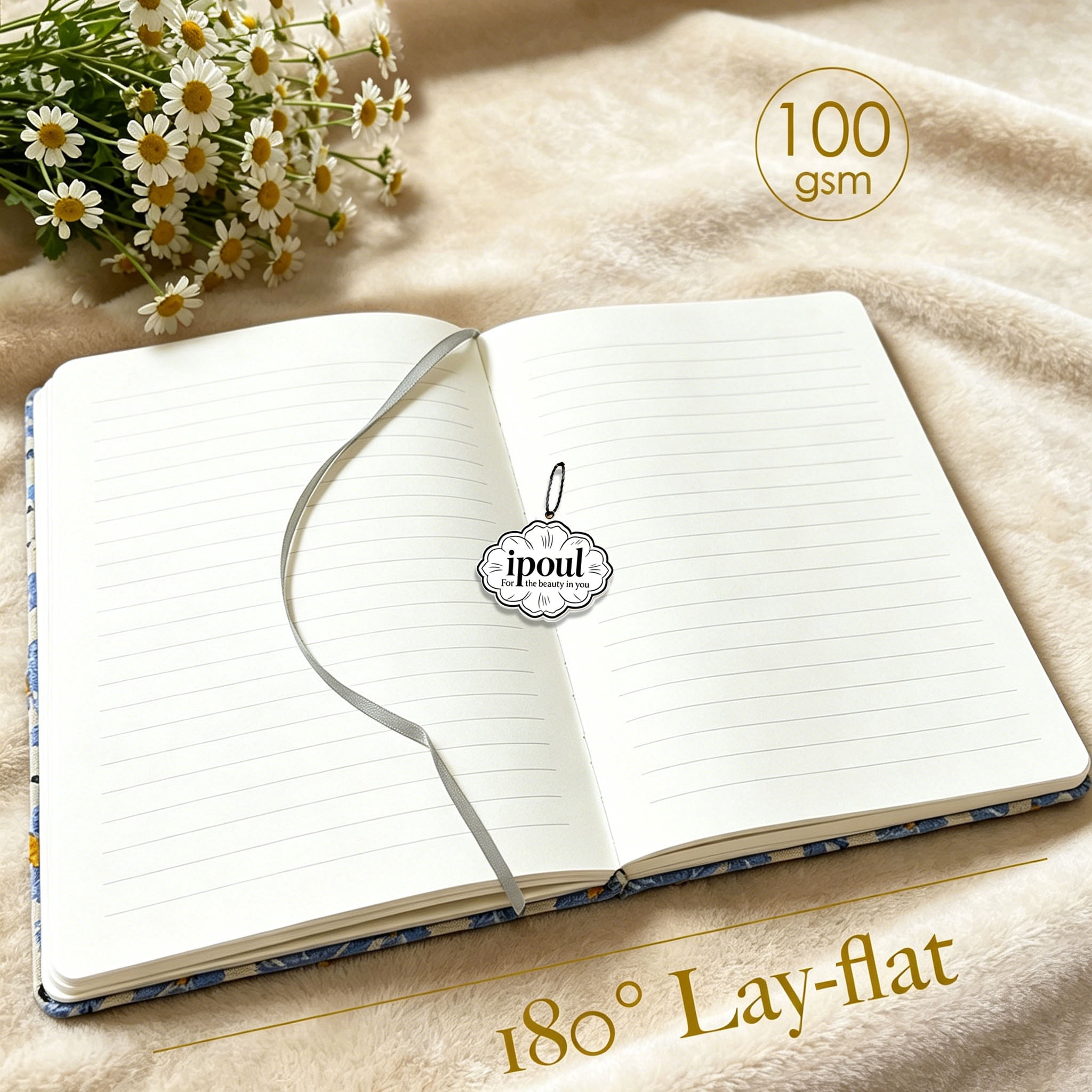 ipoul A5 Notebook, Lay Flat, Flower Journal, 8"x6", Hardcover, Lined, Pretty, Daisy Gifts for Women, Blue