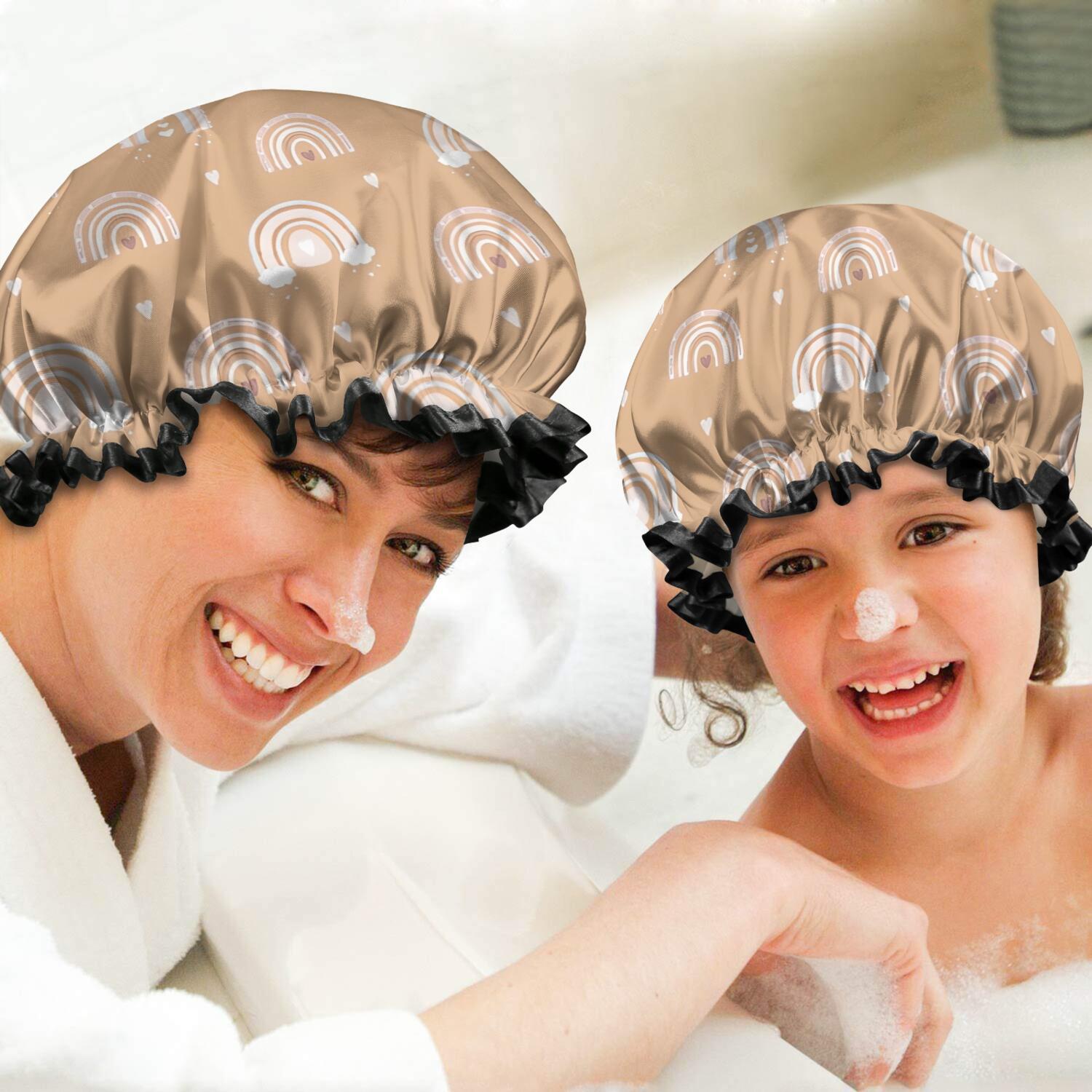 Shower Caps,Brown Boho Bohemia Rainbow Hearts Pattern Waterproof Shower Cap for Women 4 Pieces,Double Reusable Hair Cover for Shower PEVA Elastic Stretch Hem
