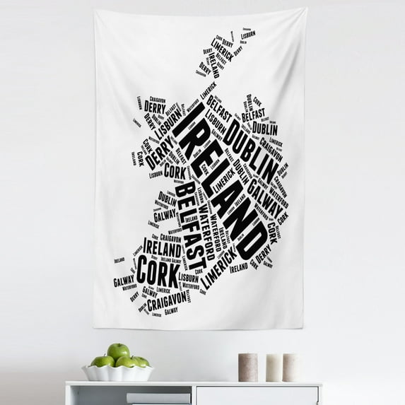 Ireland Map Tapestry, Modern Calligraphic Monochrome Design of Map Shape with City Names, Fabric Wall Hanging Decor for Bedroom Living Room Dorm, 5 Sizes, Charcoal Grey and White, by Ambesonne