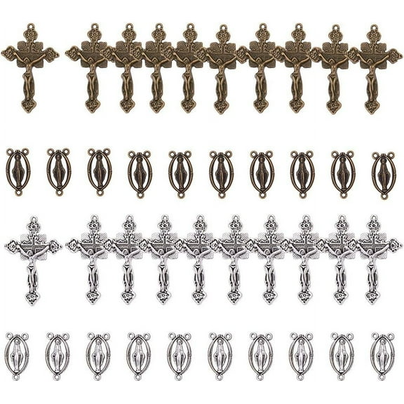 40PCS Tibetan Style Rosary Cross and Center Miraculous Medal with Alloy Crucifix Cross Pendants and Oval Chandelier Links for Rosary Holy Beads Necklace Making Mixed Color