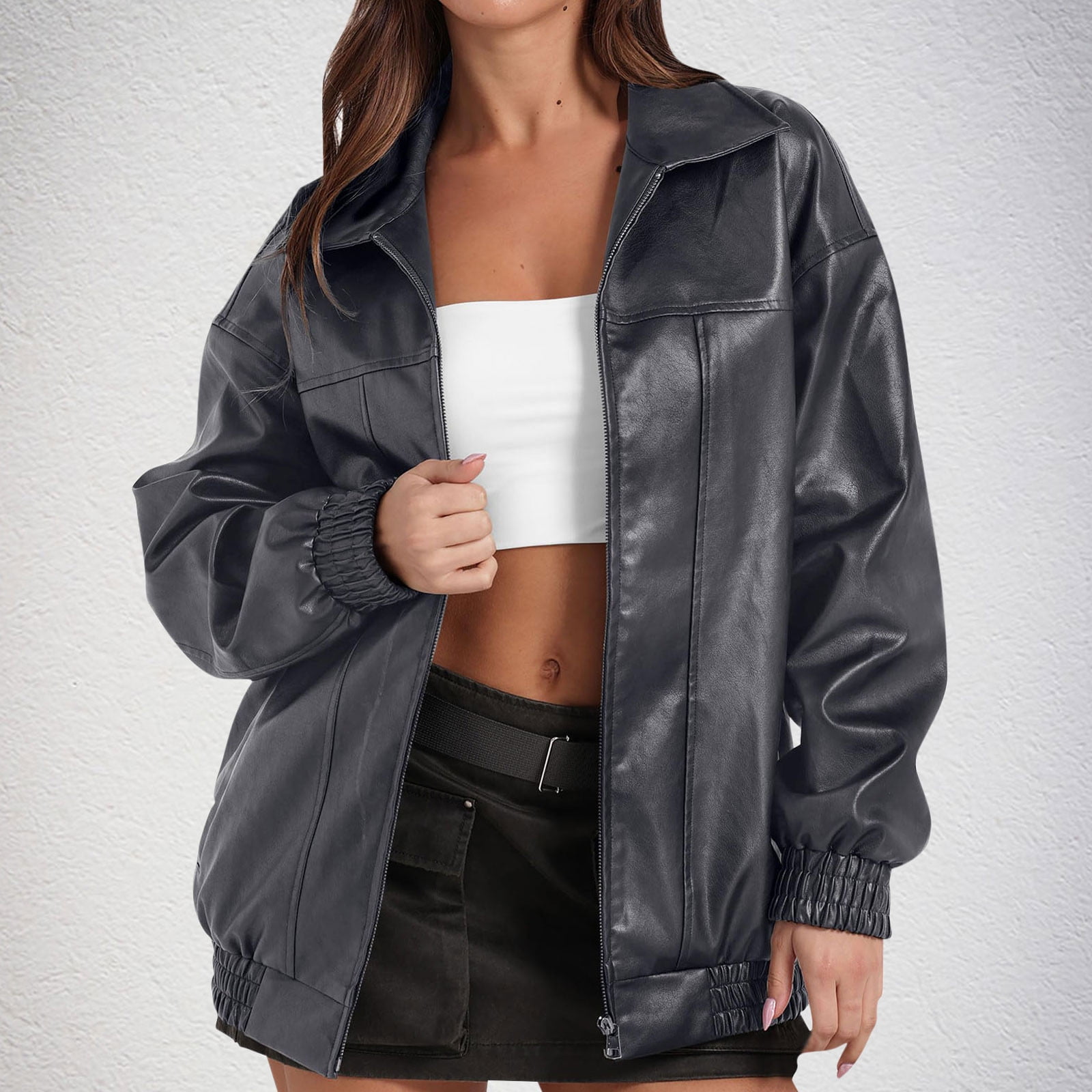 Akafmk Womens Faux Leather Jackets,Plus Size Motorcycle Jacket,Women's Solid Flip Collar Fall and Winter Long Sleeve Fashion Leather Jacket Coat Fall Winter Loose Windbreaker Jacket Outerwear