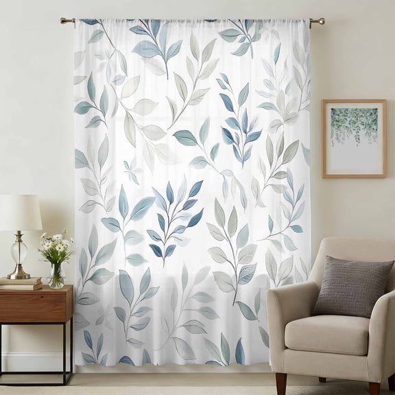 Blue Teal Botanical Sheer Curtains 45 Inches Long, Watercolor Spring Summer Leaves Light Filering Curtains, Breathable Simi Curtain Privacy Drapes for Kitchen Bathroom Small Window Treatment