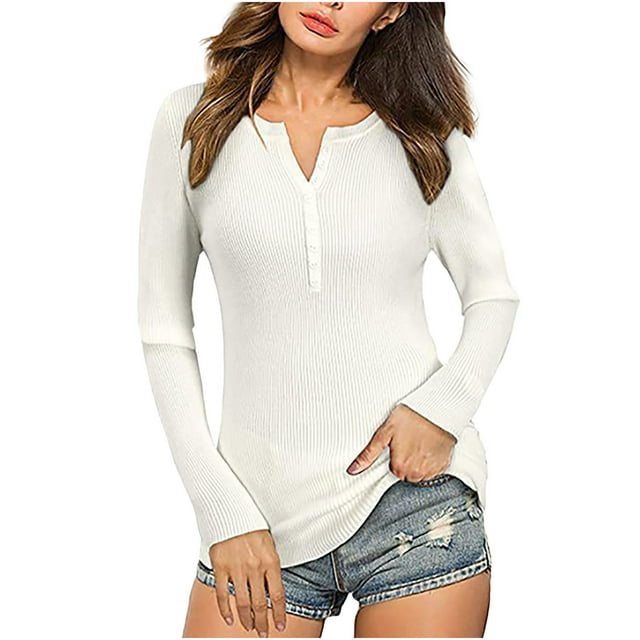 CEHVOM Woman Long Sleeve T Shirt Autumn Solid Loose Blouse Tops Button Sweatshirt