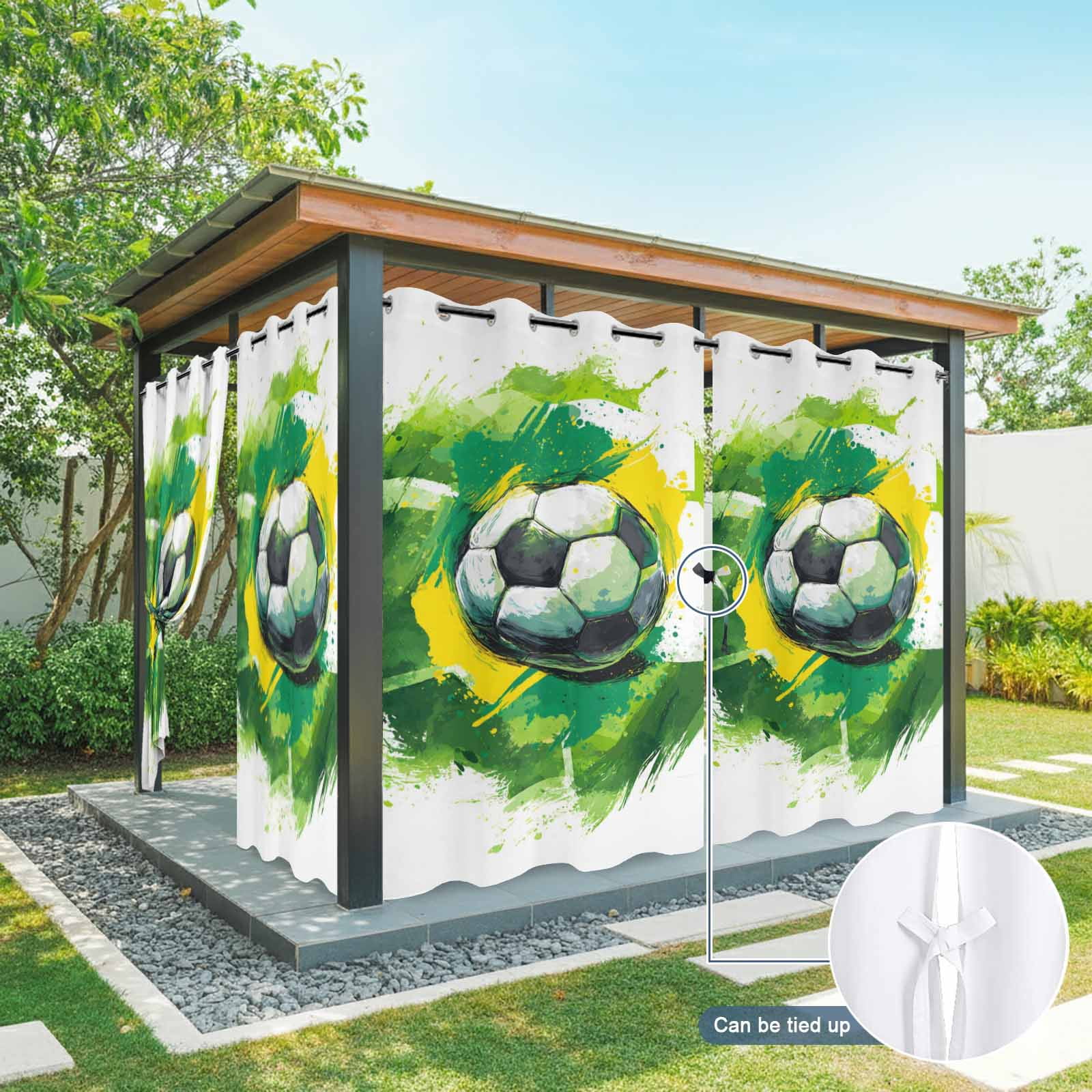 Soccer Sport Outdoor Curtains for Patio, Modern Dynamic Football Match Abstract Green Yellow Waves Sunshade Privacy Drapes Grommet Waterproof Outside Curtains for Porch Balcony 54"x108", 1 Panel