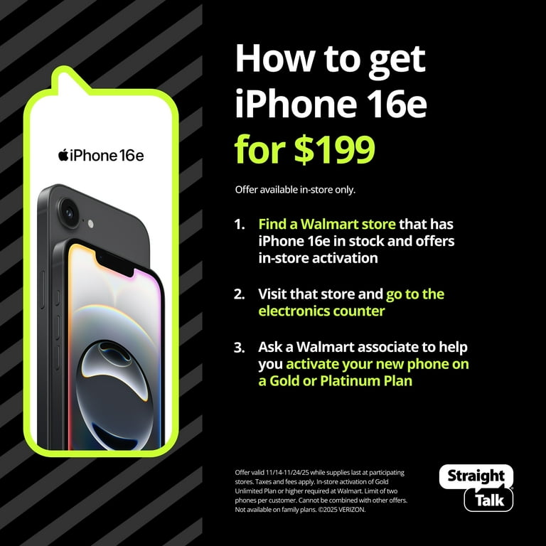 Straight Talk Apple iPhone 16e, 5G, 128GB, Black - Prepaid