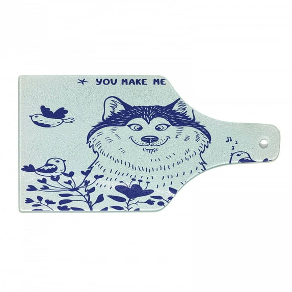 Alaskan Malamute Cutting Board, Happy Doggy in Blossoming Spring Field with Singing Birds and Flowers, Decorative Tempered Glass Cutting and Serving Board, Wine Bottle Shape, Blue White, by Ambesonne