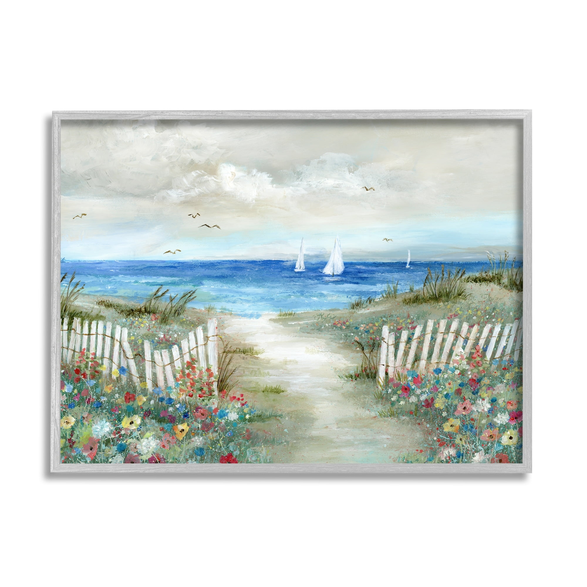 Stupell Industries Tranquil Beachside Flower Meadow Ocean Sailboats Scene Painting Gray Framed Art Print Wall Art, Design by Nan