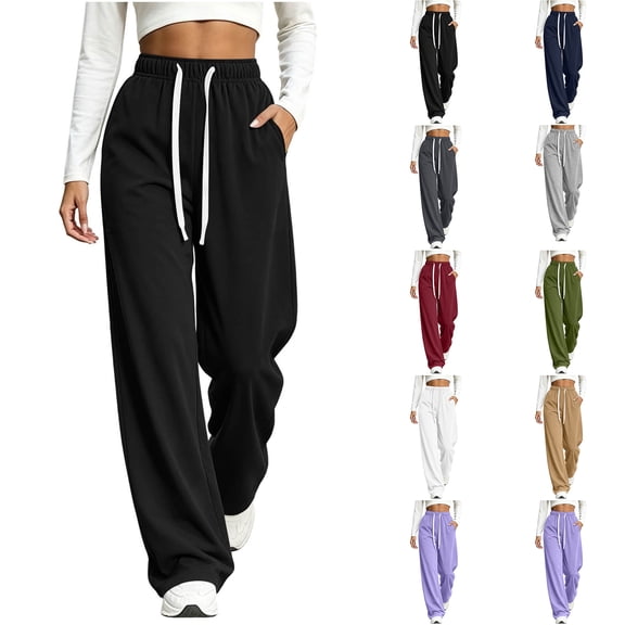 Wide Leg Pants for Women Zaewscy Women Fashion Casual Solid Color Drawstring Elastic Waist Mid-high Waist Loose Pockets Wide-leg Long Pants Trousers Black L