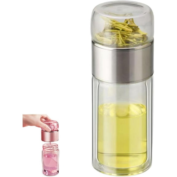 Tryteavas Glass Infuser 3-In-1 Smart Tea Infuser, Portable Leak-Proof Glass Infuser Bottle for Loose Leaf Tea, Double Layer Water Cup Separation Teapot With Strainers for Office, Travel (Pink, 280ml)