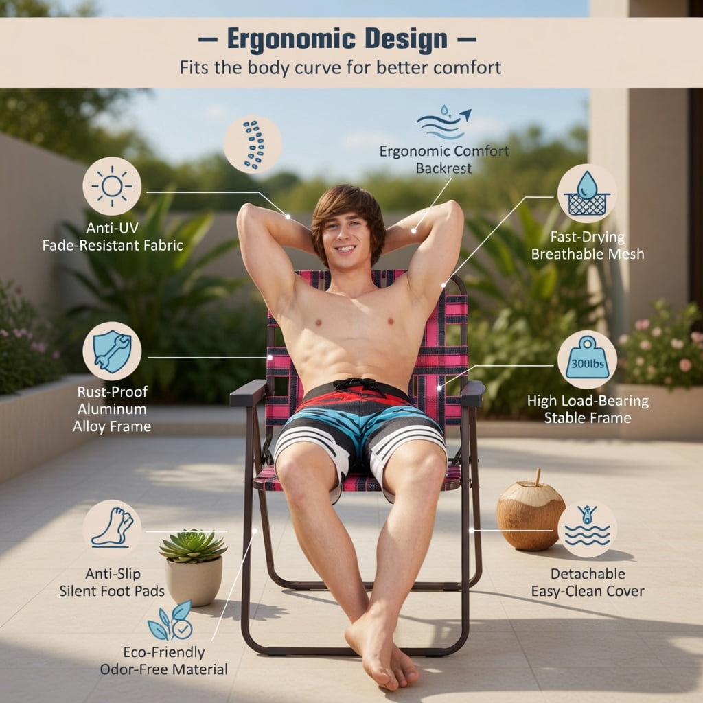 Hommoo 6-Pack Foldable Beach Chairs for Camping, Lawn & Outdoor Use, Heavy-Duty Steel Frame, Fade-Resistant PE Webbing, Portable & Easy Setup, Red