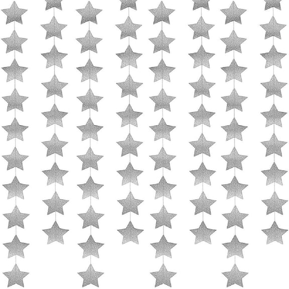 Set of 4 Glitter Silver Star Decoration,13.1Ft Twinkle Star Paper Backdrop for Birthday,Twinkle Hanging Banner for Wedding,Anniversary