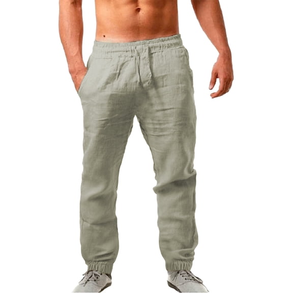 Breezora Mens Casual Pants Cotton Comfortable with Drawstring Lightweight Breathable Loose Fit Trousers for Spring Summer Hot Weather L Size Beige