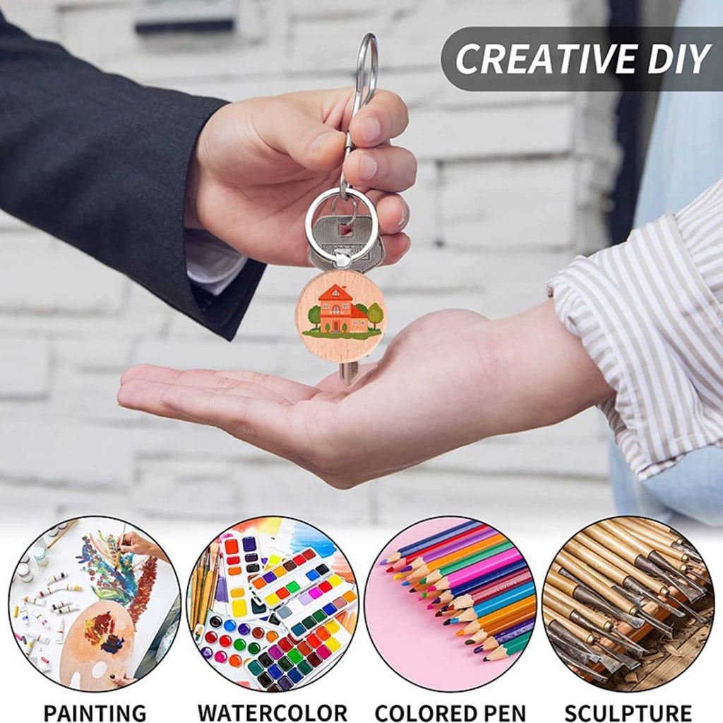 Oasiva 50Pcs Blank Wooden Keychain Set, Unfinished Wood Pieces with Key Rings Wood Key Ring Key Tags DIY Supplies for Craft