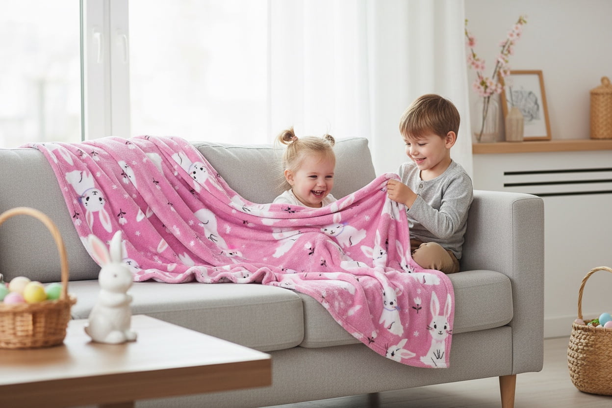 Serafina Home Spring Easter Bunny Throw Blanket, Soft Cozy Velvet Fleece, Pink And White, 50" x 60" Inch