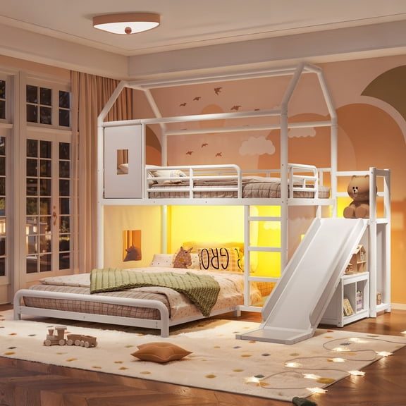 HICOMILA Twin over Full Playhouse Metal Bunk Bed with Slide & Ladder, LED Light Strip, Privacy Curtain, Movable Storage Cabinet & Hanging Rod, White