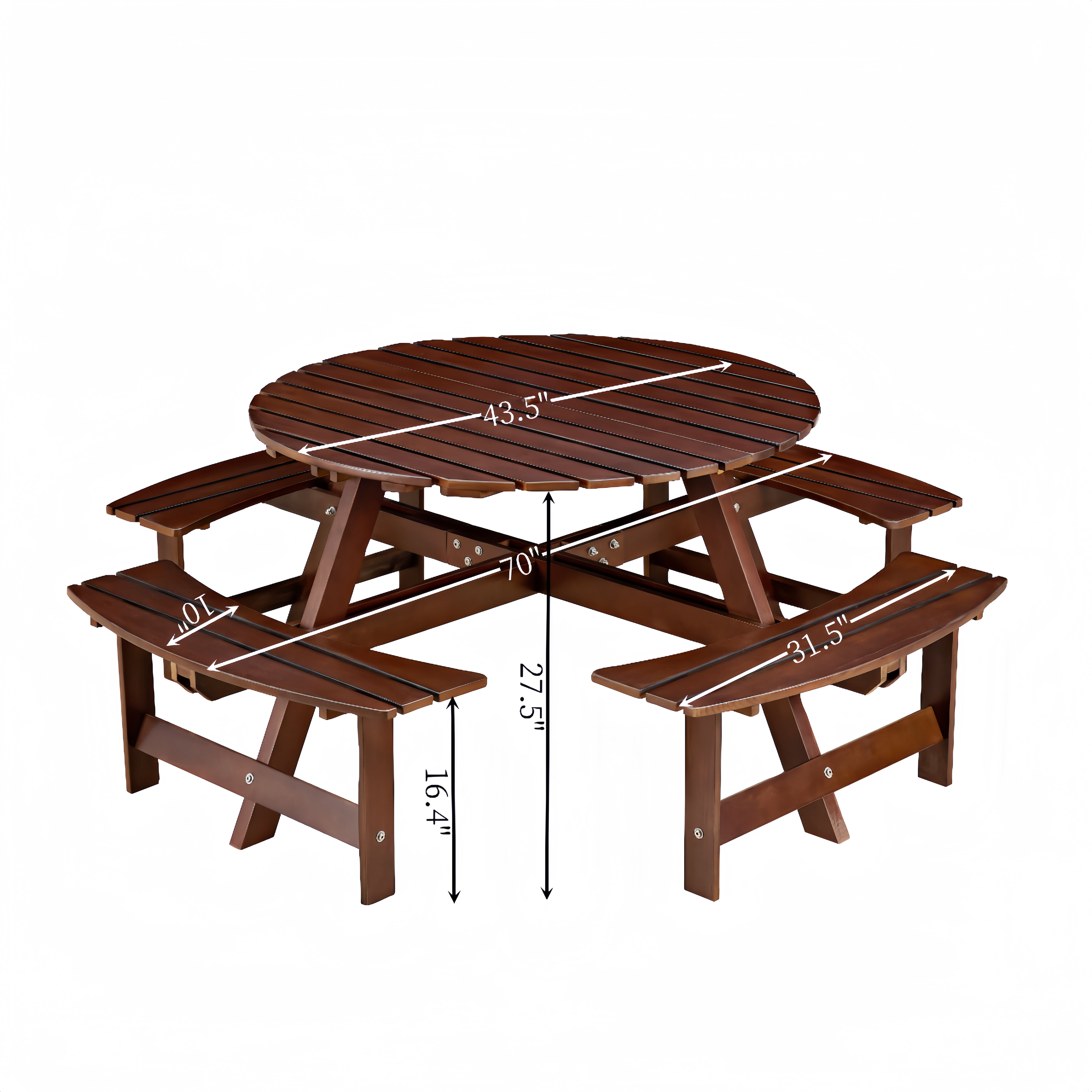 Aukfa Wooden Picnic Table for 8,Outdoor Round Picnic Table w/ 3 Benches for Garden, Backyard,Brown