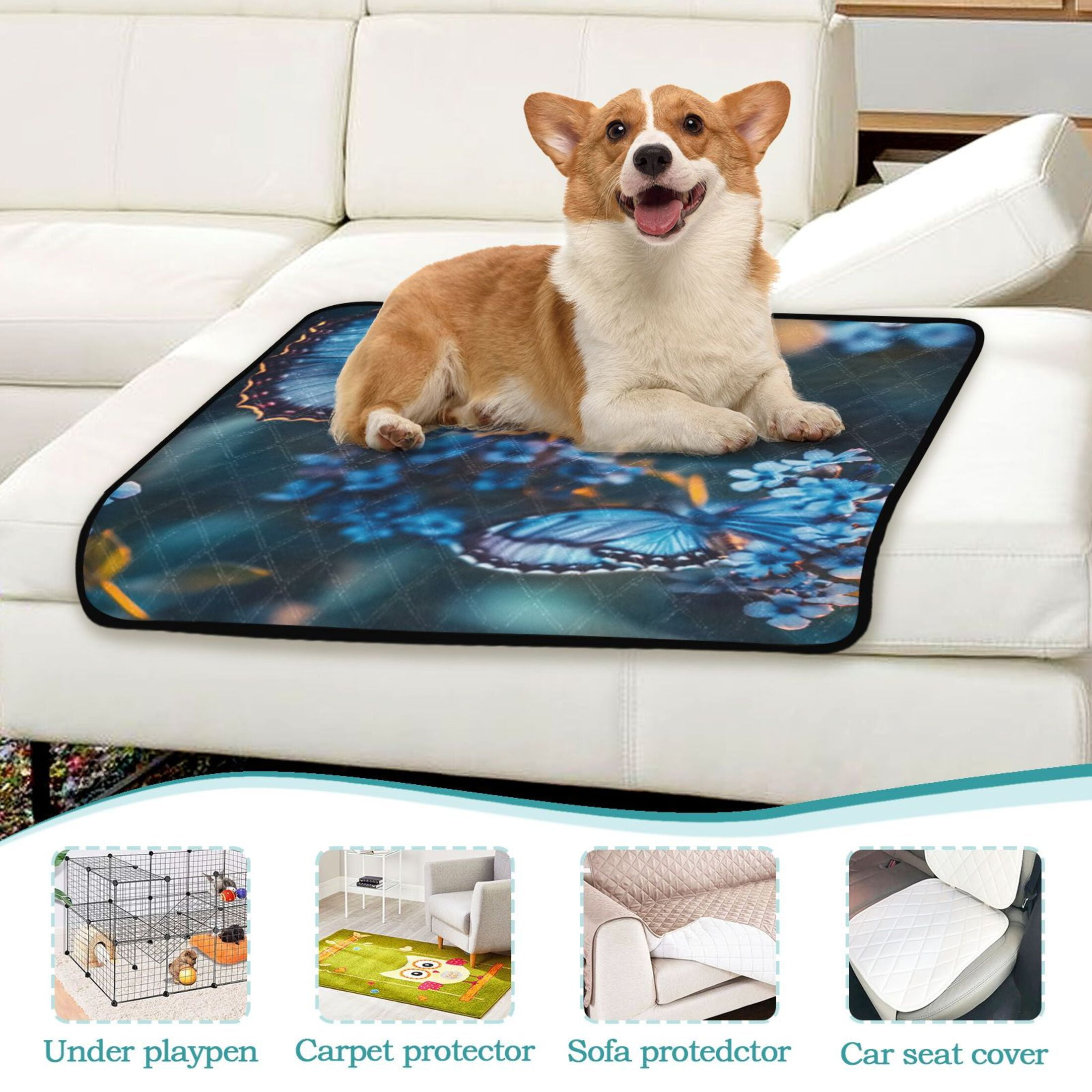 Washable Pet Pee Pads with Super Absorbent Reusable Training Pads for Dogs & Cats Beautiful Blue Butterfly